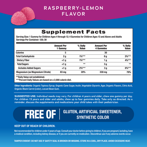 Supplement facts label for raspberry-lemon flavored gummies on a blue and purple background.