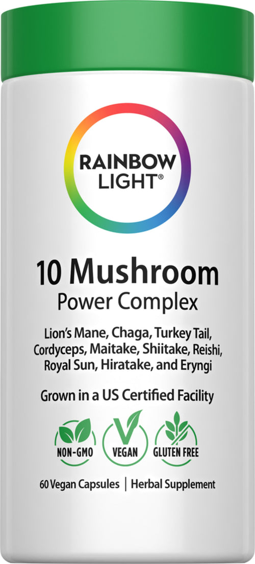 Supplement bottle labeled '10 Mushroom Power Complex' by Rainbow Light on a white background.