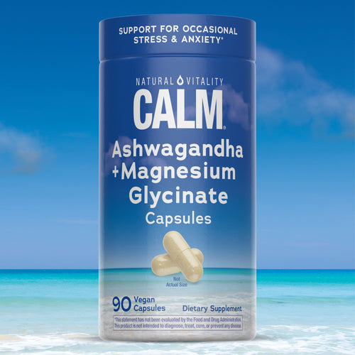 Supplement container labeled 'Calm' with a beach background
