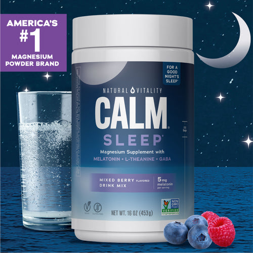 Natural Vitality Calm Sleep supplement container with a glass of water and berries on a night sky background.