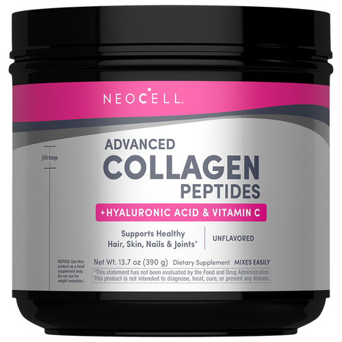 Neocell Advanced Collagen Peptides supplement container with pink and black label.