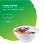 Bowl of cereal with berries and a green background with text and capsule illustration