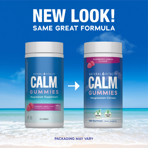 Two containers of Calm Gummies with a blue sky and beach background, indicating a new packaging design.