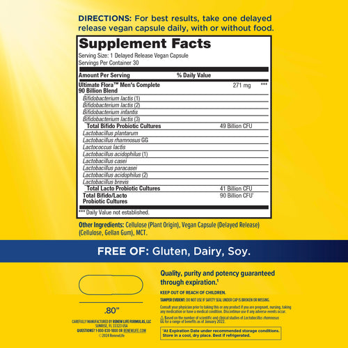 Supplement label with 'Ultimate Flora' Men's Complete supplement facts on a yellow and blue background.