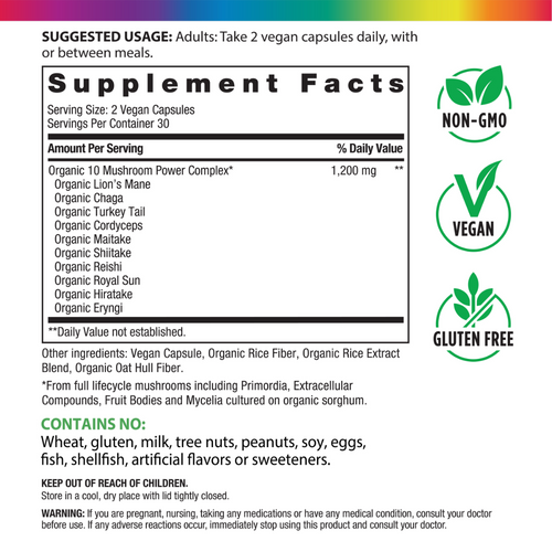 Supplement label with ingredients and usage instructions on a white background