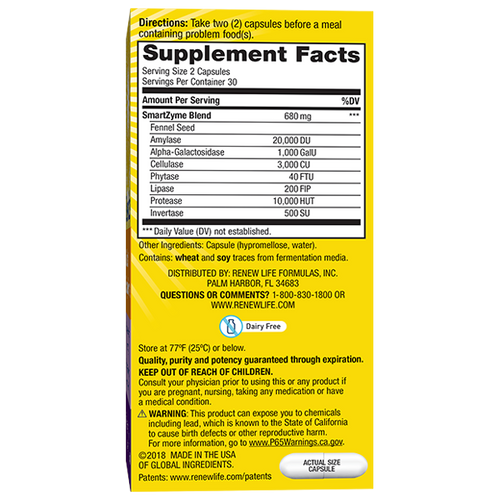 Supplement facts label on a yellow background with text and a capsule at the bottom.