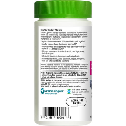 Multivitamin bottle with green cap and white label on a white background