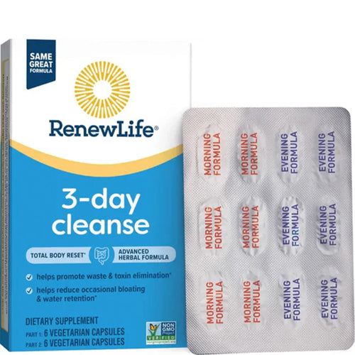 Packaging for Renew Life 3-day cleanse dietary supplement, showing a box and a strip of capsules.