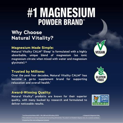 Advertisement for Natural Vitality magnesium powder, highlighting features and benefits on a dark blue background.