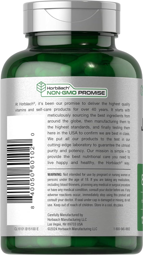 Green supplement bottle with silver cap and label on a white background