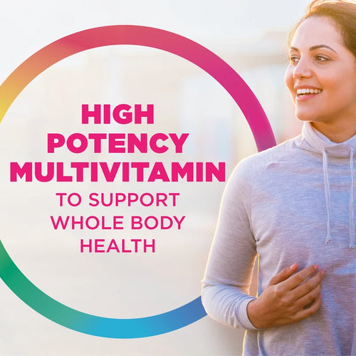 Woman standing with text about high potency multivitamin for whole body health