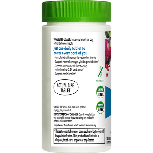 Supplement bottle with green cap and white label on a white background