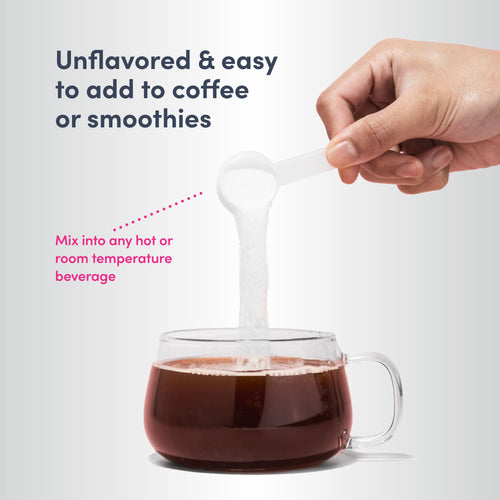 Hand holding a spoon over a glass of coffee with text about using an unflavored product.