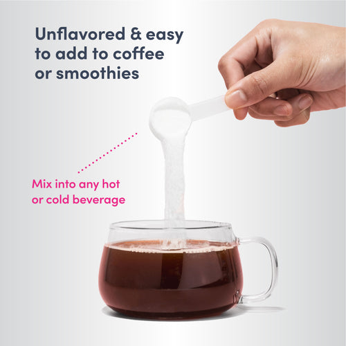 Hand pouring a white powder into a glass of coffee with text about using it in beverages.