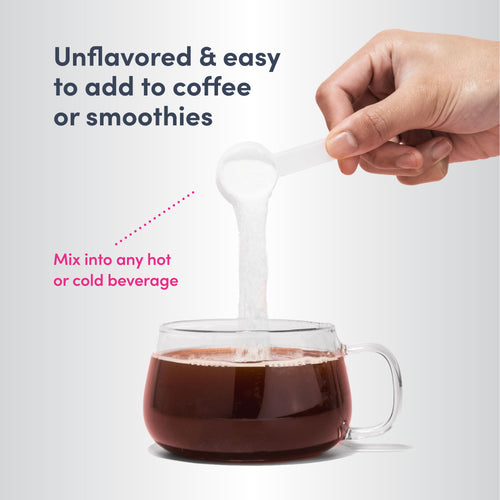 Hand pouring a white powder into a glass of coffee with text about the product's uses.