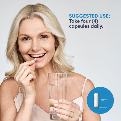 Woman taking a supplement with a glass of water, labeled 'Suggested Use: Take four (4) capsules daily.'
