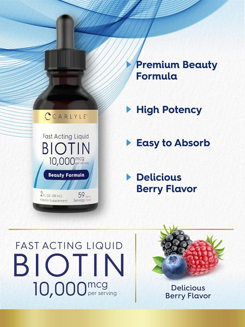 Bottle of fast-acting liquid biotin supplement with product features listed on a blue and white background.