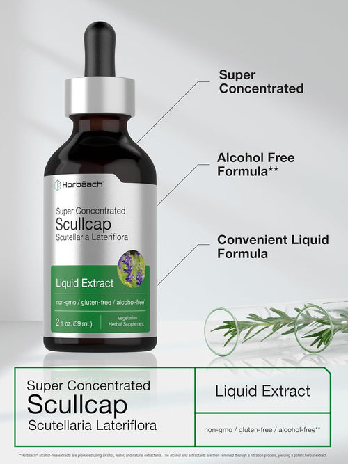 Bottle of super concentrated Scullcap liquid extract with text highlighting features on a gray background