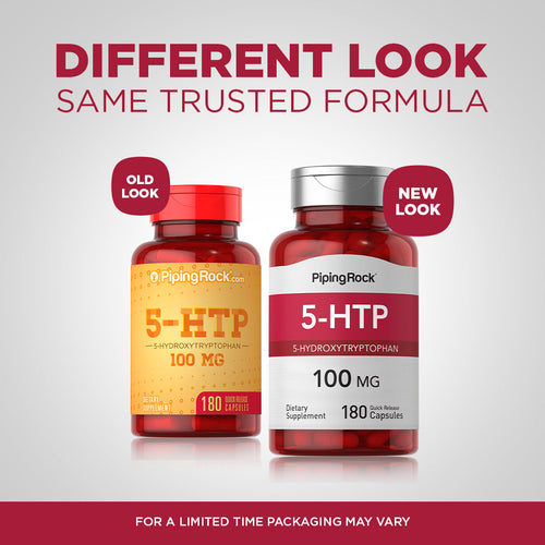 Two bottles of 5-HTP supplements with old and new packaging designs on a gray background.