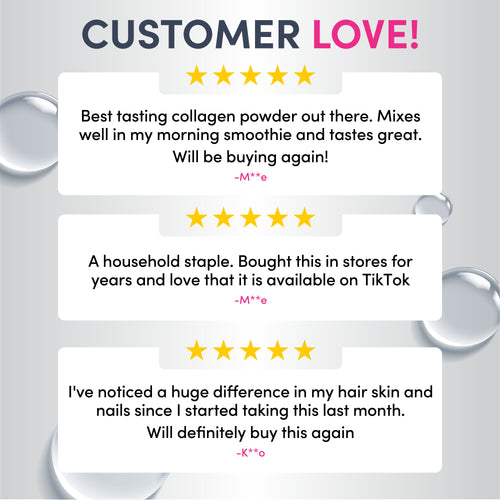 Product reviews for a collagen powder with customer testimonials on a gray background.