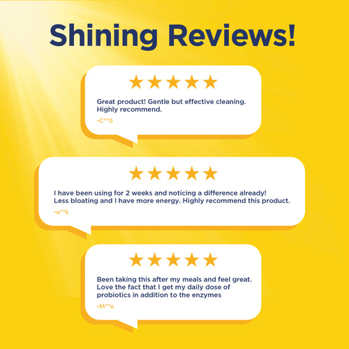 Five-star reviews on a yellow background with text bubbles.