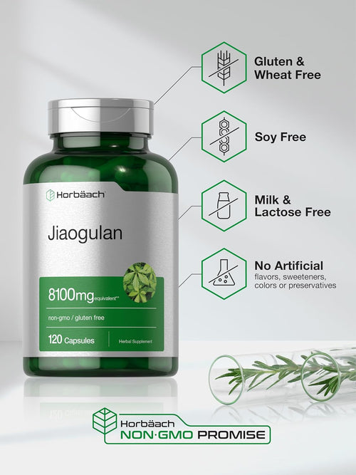 Bottle of Jiaogulan supplement with certification icons on a light gray background