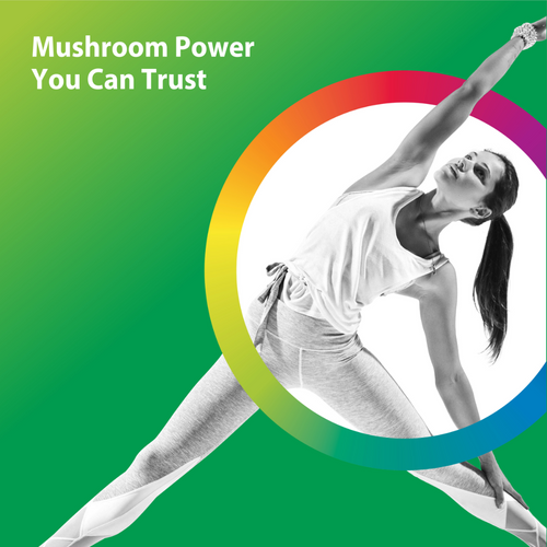 Woman in a yoga pose with a rainbow circle and text 'Mushroom Power You Can Trust' on a green background