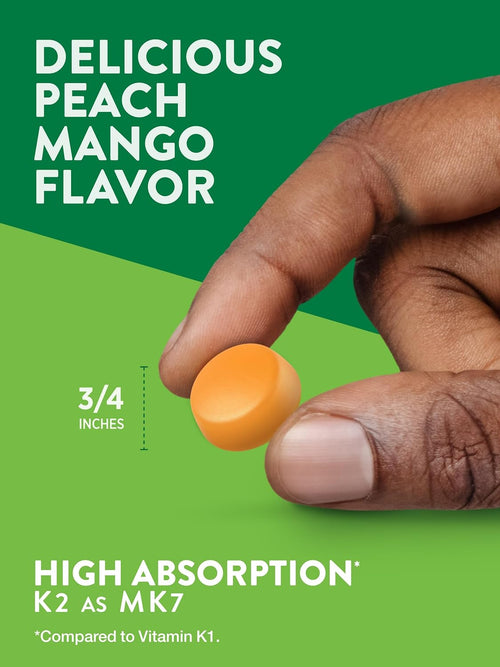 Hand holding a supplement with text about delicious peach mango flavor and high absorption K2 as MK7 on a green background.