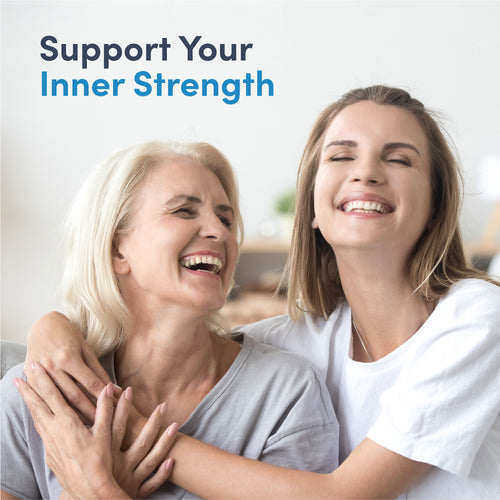 Two women hugging with the text 'Support Your Inner Strength' on a light background