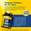 Probiotic supplement bottle with text about 30 years of experience on a yellow and blue background