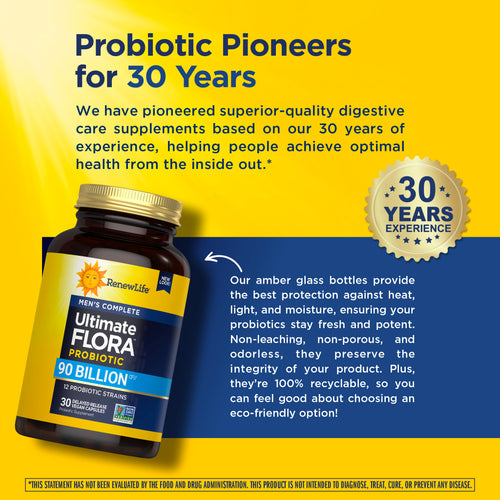 Probiotic supplement bottle with text about 30 years of experience on a yellow and blue background