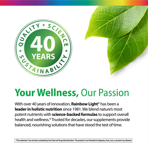 Advertisement for Rainbow Light with a green leaf and text about 40 years of innovation in holistic nutrition.