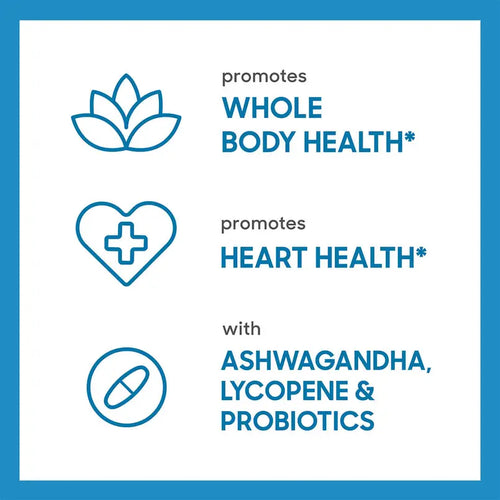 Health benefits of a supplement with icons and text on a blue background