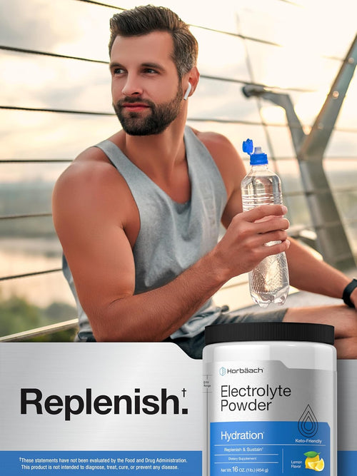 Man holding a water bottle with a supplement container labeled 'Replenish' and 'Electrolyte Powder'.