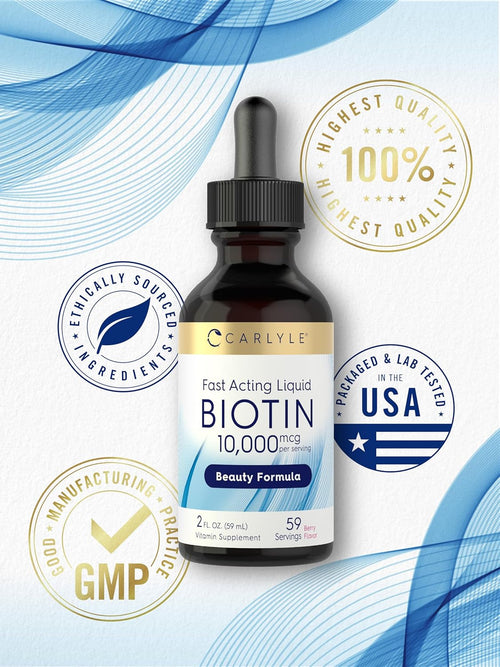 Bottle of Carlyle Biotin supplement with certification logos on a blue and white background