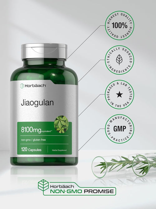 Bottle of Jiaogulan supplement with branding and certification logos on a light gray background