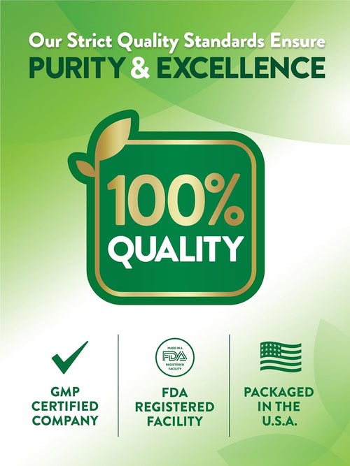 Promotional graphic with '100% Quality' certification on a green background, featuring GMP certification, FDA registration, and U.S.