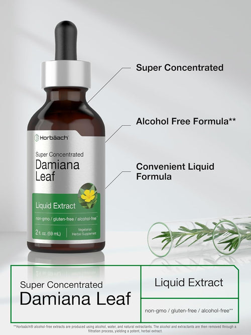 Bottle of Damiana Leaf Liquid Extract with text highlighting features on a gray background