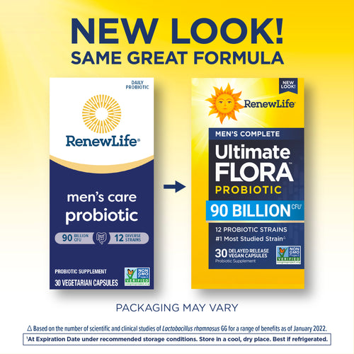 Advertisement for RenewLife Men's Complete Ultimate Flora Probiotic with a yellow gradient background.