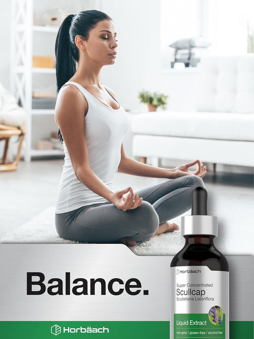 Woman meditating with a bottle of Horbaach Scullcap Liquid Extract on a white background