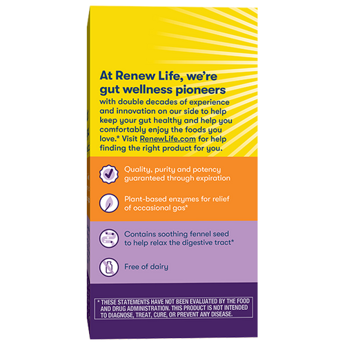 Product packaging with text about gut wellness and ingredients on a yellow, orange, and purple background.