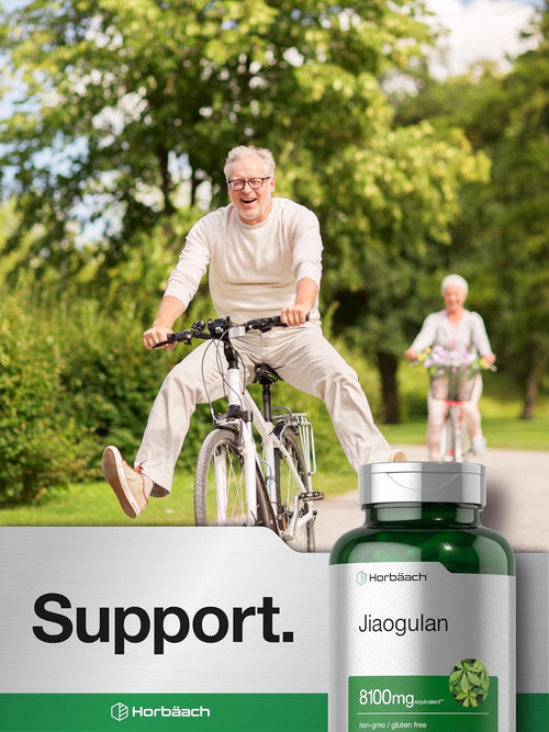 Bottle of Herbäuch Jiaogulan supplement with a man riding a bike in a park.