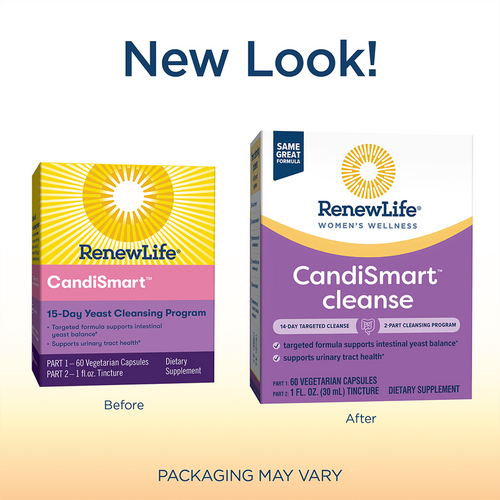 Before and after comparison of RenewLife CandiSmart packaging on a white background