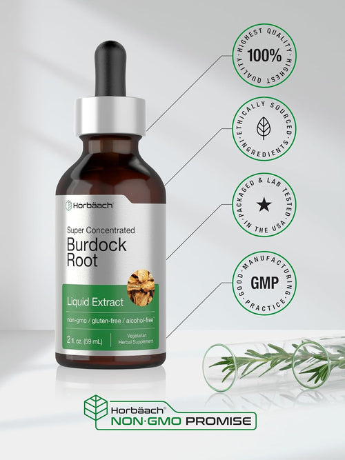 Burdock Root liquid extract bottle with certification logos on a white background