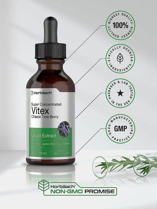 Bottle of Super Concentrated Vitex Chaste Tree Berry Liquid Extract with branding and certification logos on a light gray background.