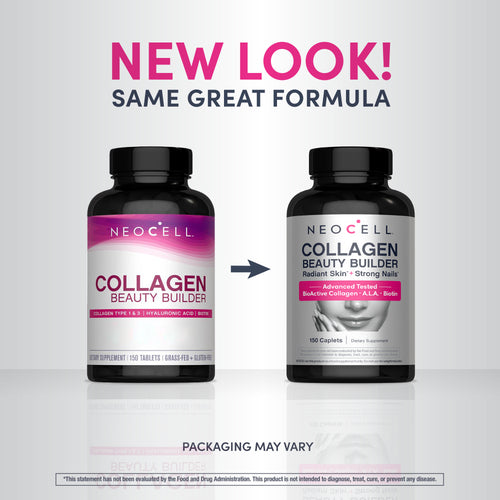 Two bottles of Neocell Collagen Beauty Builder with a 'New Look' label on a light gray background.