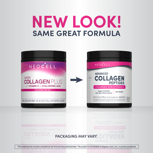 Two Neocell collagen supplement containers with a 'New Look' label on a light gray background.