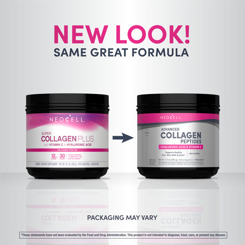 Two Neocell collagen product containers with a 'New Look' label on a light gray background.
