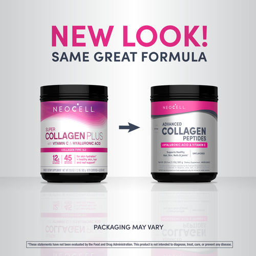 Two Neocell collagen product containers with text indicating a new look and same great formula.