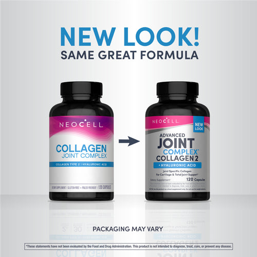 Two Neocell supplement bottles with a 'New Look' label on a light gray background